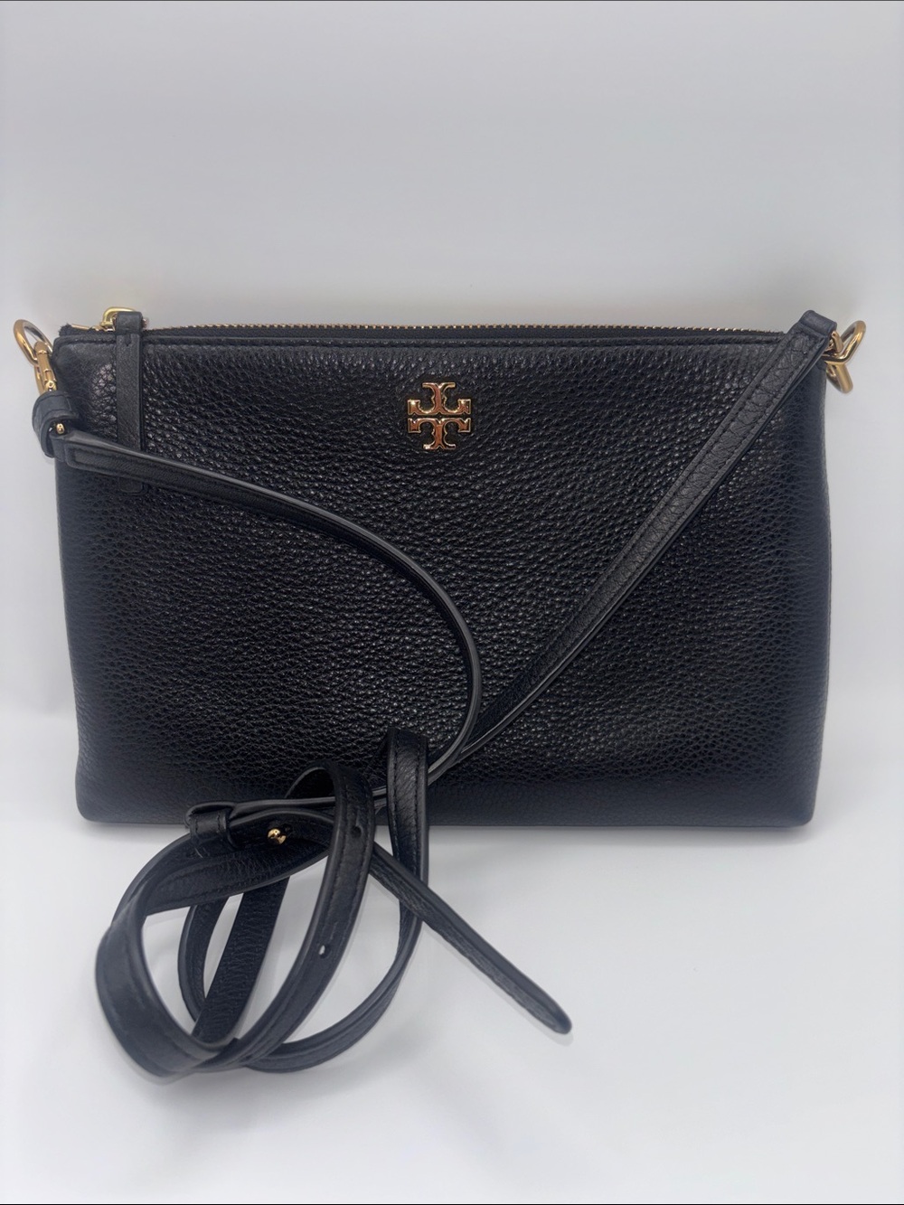Tory Burch Black Pebbled Leather Crossbody with Gold Logo